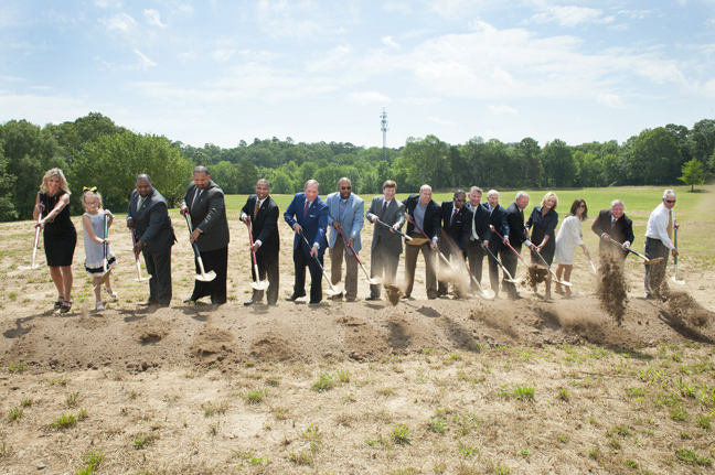 Mississippi State, Starkville Oktibbeha  School District and statewide officials broke ground Wednesday [May 17] on the new SOSD Partnership School at MSU. Pictured, from left to right, are Overstreet Elementary Principal Julie Kennedy, future Partnership School student Kayleigh Edelblute, Armstrong Middle School Principal Tim Bourne, SOSD Board of Trustees Member Lee Brand, Jr., future SOSD Superintendent Eddie Peasant, MSU President Mark E. Keenum, Oktibbeha County Board of Supervisors President Orlando Trainer, Mississippi Lt. Gov. Tate Reeves, Starkville Mayor Parker Wiseman, Mississippi House of Representatives District 38 Rep. Tyrone Ellis, Mississippi House of Representatives District 43 Rep. Rob Roberson, MSU Vice President for Research and Economic Development David Shaw, Partnership School benefactors Bobby and Judy Shackouls, Partnership School benefactors Terri and Tommy Nusz and SOSD Superintendent Lewis Holloway. (Photo by Russ Houston)