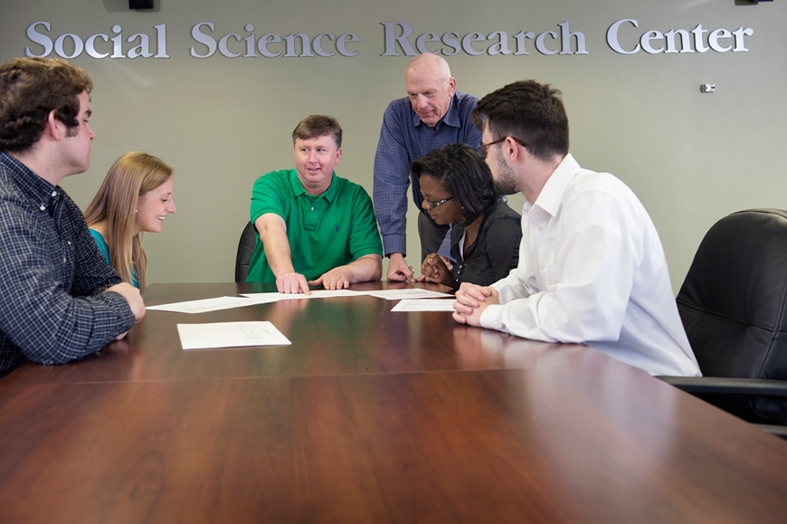 MSU Pathfinders On-Campus Coordinator Ty Abernathy and Program Director David McMillen (center) engage in discussion with Pathfinders residence hall academic assistants (l-r) Austin N. Tello, a sophomore biochemistry/pre-medicine major from Vicksburg; Heidi M. Meeks, a senior biological sciences/pre-medicine major with a mathematics minor from Memphis, Tennessee; Amberlon M.E. Williams, a junior kinesiology/clinical exercise physiology major from Ridgeland; and Nicolo M. “Nico” Giamalva, a senior business information systems major from Brandon. (Photo by Megan Bean)