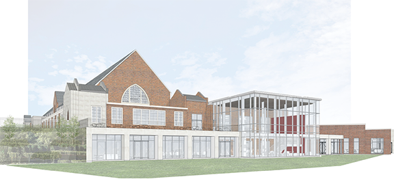 An external rendering of the renovations to Perry Cafeteria