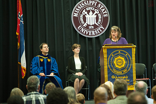Pictured during a recent campus induction ceremony for MSU students joining the university chapter of Phi Kappa Phi, the nation’s oldest honor society for students in all academic disciplines, are (left-right) Jason Keith, MSU Dean of the Bagley College of Engineering and PKP treasurer; Laura Terry, a senior information technology services major from Huntsville, Alabama, and PKP student vice president; and Kathy Prater, research associate II at MSU’s T.K. Martin Center for Technology and Disability and PKP vice president. (Photo by Russ Houston) 