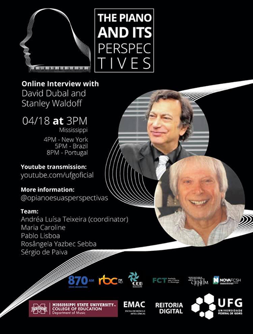 "The Piano and Its Perspectives" poster with circular portraits of renowned musicians David Dubal and Stanley Waldoff