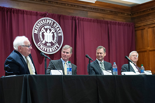 Former MSU President Malcolm Portera, Mississippi Republican Party strategist Henry Barbour, Congressman Charles W. “Chip” Pickering Jr. and Judge Charles W. Pickering Sr. during a March 31 panel discussion. 