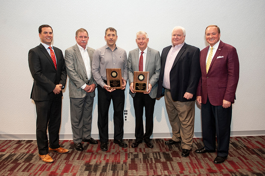 Mississippi State recently named Greg McLemore of Brandon and Jack Williams of Madison to the MSU Insurance Hall of Fame. Pictured, from left, are Seth Pounds, director of the MSU Risk Management and Insurance Program; Billy Roberts, Risk Management and Insurance Advisory Board member and MSU Insurance Hall of Fame member; Insurance Hall of Fame inductees Greg McLemore and Jack Williams; Brad Little, Risk Management and Insurance Advisory Board member and MSU Insurance Hall of Fame member; and MSU President Mark E. Keenum. (Photo by Logan Kirkland)