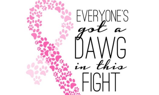 'Everyone's got a Dawg in this fight' graphic with a breast cancer ribbon made of pink paw prints