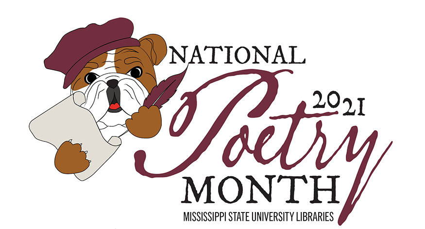 National Poetry Month graphic with a Bulldog wearing a maroon beret and holding a white piece of paper and maroon-feathered quill pen