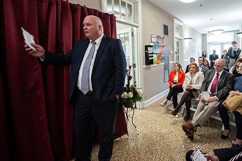 P. Edward French, head of MSU’s Department of Political Science and Public Administration, speaks during a Friday [March 1] ceremony to name the department head suite in Bowen Hall in honor of Cynthia M. “Cindy” Stevens of Alexandria, Virginia. (Photo by Logan Kirkland)
