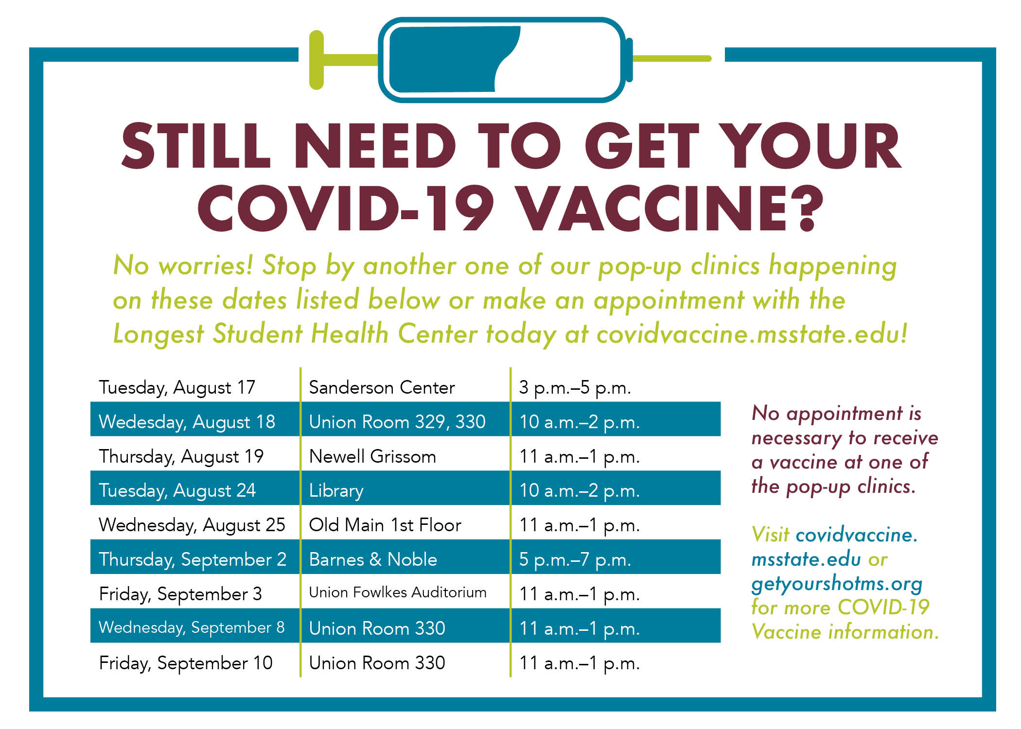 Covid 19 Vaccine Clinic Free And No Appointment Necessary Mississippi State University Covid 19 Vaccine Clinic Free And No Appointment Necessary Mississippi State University