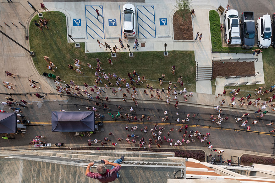 Looking down on the road from higher up at Davis Wade Stadium