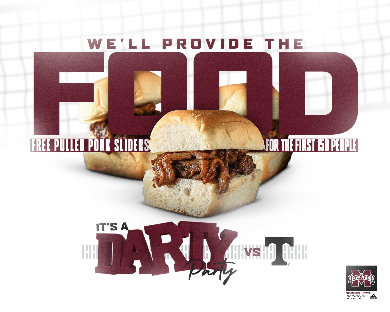 Maroon and white graphic with images of pulled pork sliders that the first 150 fans will receive for free at MSU's Nov. 13 volleyball match