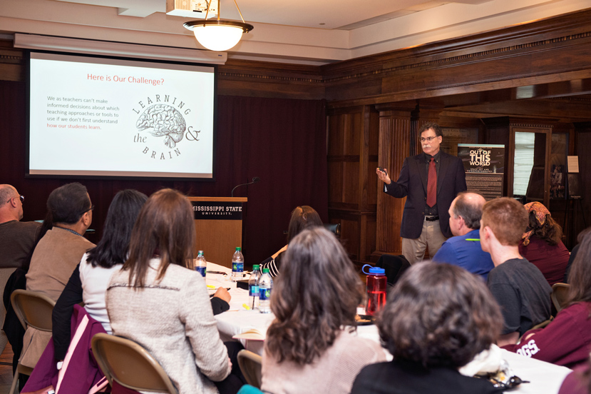 During a recent visit to Mississippi State, nationally recognized educational consultant, author and Ferris State University Professor Emeritus Terry Doyle spoke to the benefits of a learner-centered approach to teaching. Sponsored by MSU’s Maroon & Write Quality Enhancement Plan and the Center for Teaching and Learning, Doyle’s presentation highlighted new research findings and helpful ways teachers can apply them in a higher education setting. (Photo by Beth Wynn)