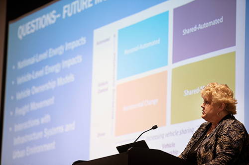 Ann Schlenker, director of Argonne National Laboratory’s Center for Transportation Research, gave an overview of the many questions and challenges facing researchers and planners in the development of autonomous vehicles. (Photo by Megan Bean) 