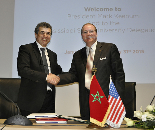 Université Internationale de Rabat President Noureddine Mouaddib and Mississippi State University President Mark E. Keenum shake hands after signing a memorandum of understanding in 2015 in Rabat, Morocco. (Photo submitted)