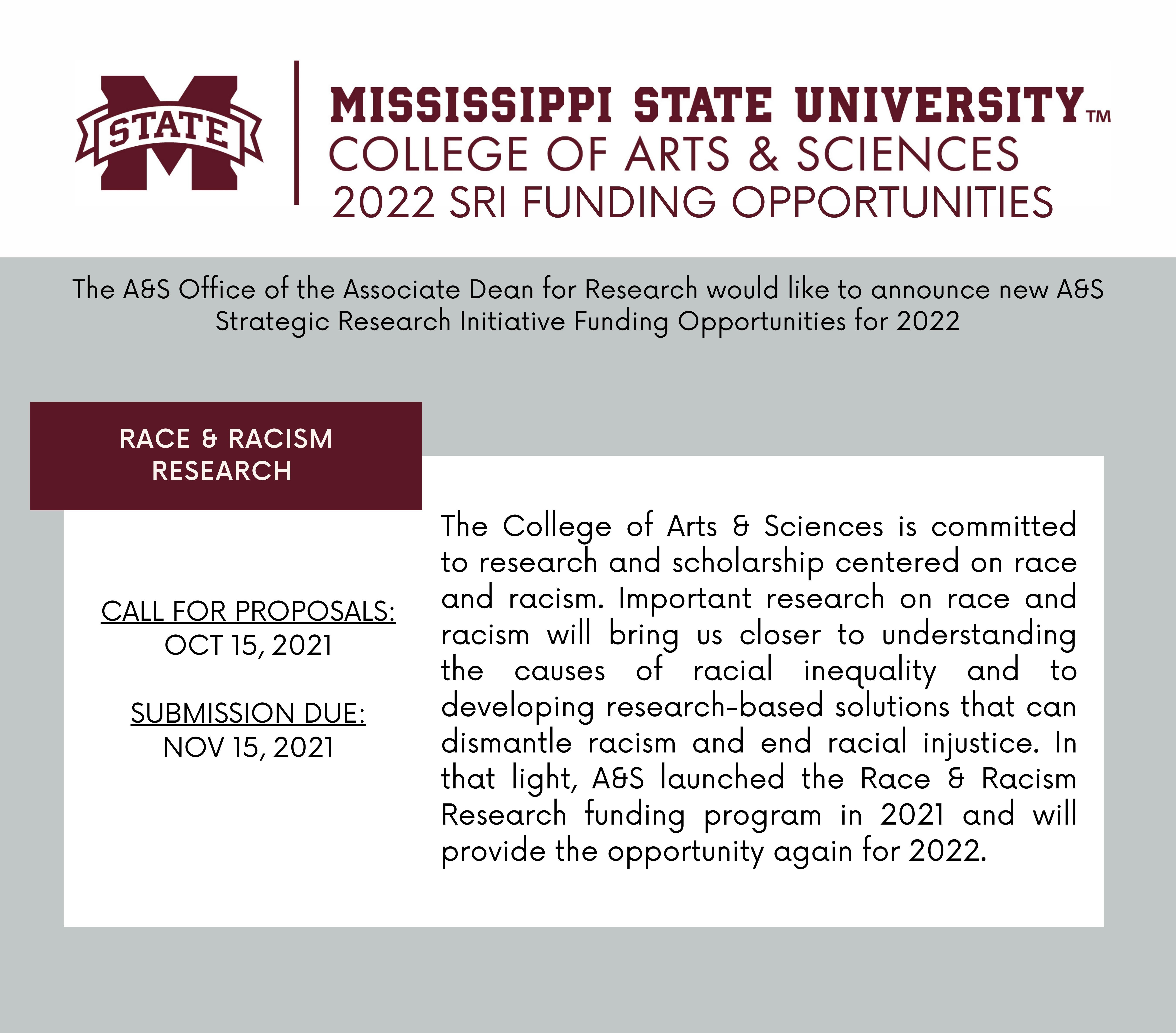 Maroon, white and gray graphic promoting the MSU College of Arts and Sciences' Race and Racism Research Funding Program