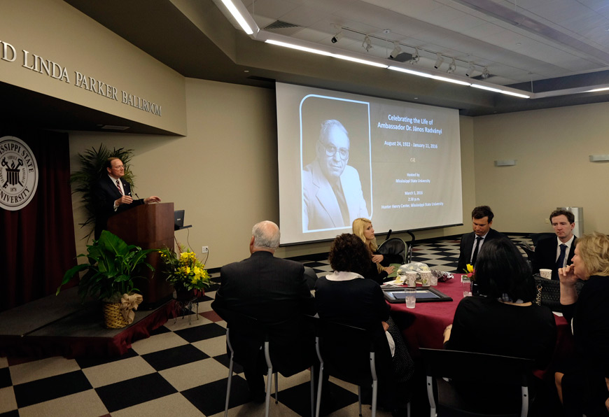 MSU President Mark E. Keenum speaks to a group that included family members, colleagues, friends and other admirers of János Radványi, a former Hungarian ambassador to the U.S. who founded MSU’s Center for International Security Strategic Studies and Executive Leadership Forum.  Radványi died on Jan. 11 at the age of 93 and was celebrated and remembered during the university reception on Saturday [March 5]. (Photo by Russ Houston)