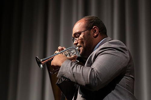MSU senior music education/instrumental major Quinlan X. Gray of De Kalb, Texas, was honored with the 2019 Keyone Docher Student Achievement Award and performed Georg Philipp Telemann’s “Air de Trompette” on piccolo trumpet during MSU Libraries’ recent 13th annual Charles H. Templeton Ragtime and Jazz Festival. (Photo by Megan Bean)