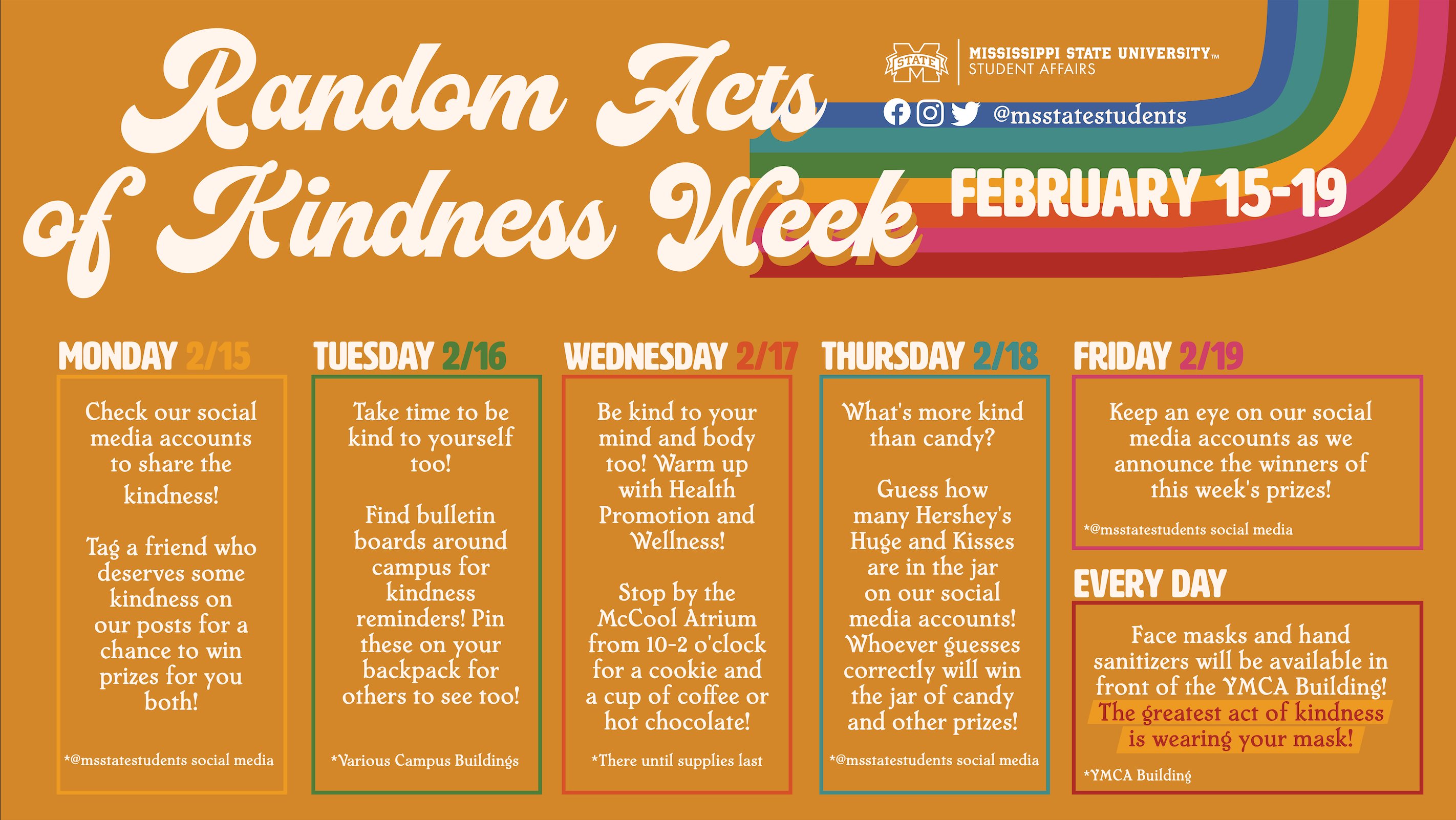 Orange Random Acts of Kindness Week graphic with an image of a rainbow