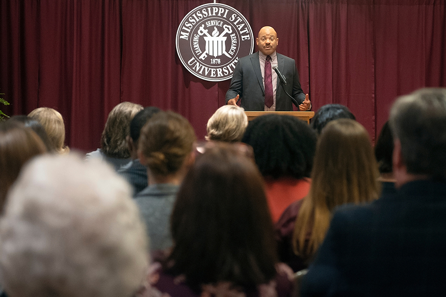 Mississippi Commissioner of Higher Education Alfred Rankins Jr. speaks during a Thursday forum at Mississippi State as part of his statewide campus listening tour. (Photo by Beth Wynn)