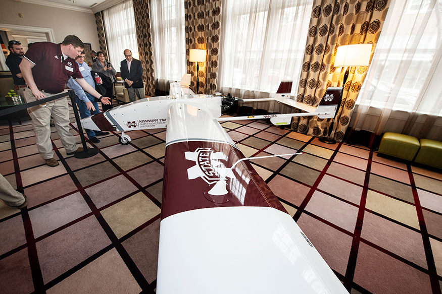 The TigerShark XP3 sits on display in the lobby of Greenwood’s The Alluvian hotel during the March 8 kick-off event for Mississippi State’s unmanned aircraft systems Delta Region Initiative. (Photo by Megan Bean)