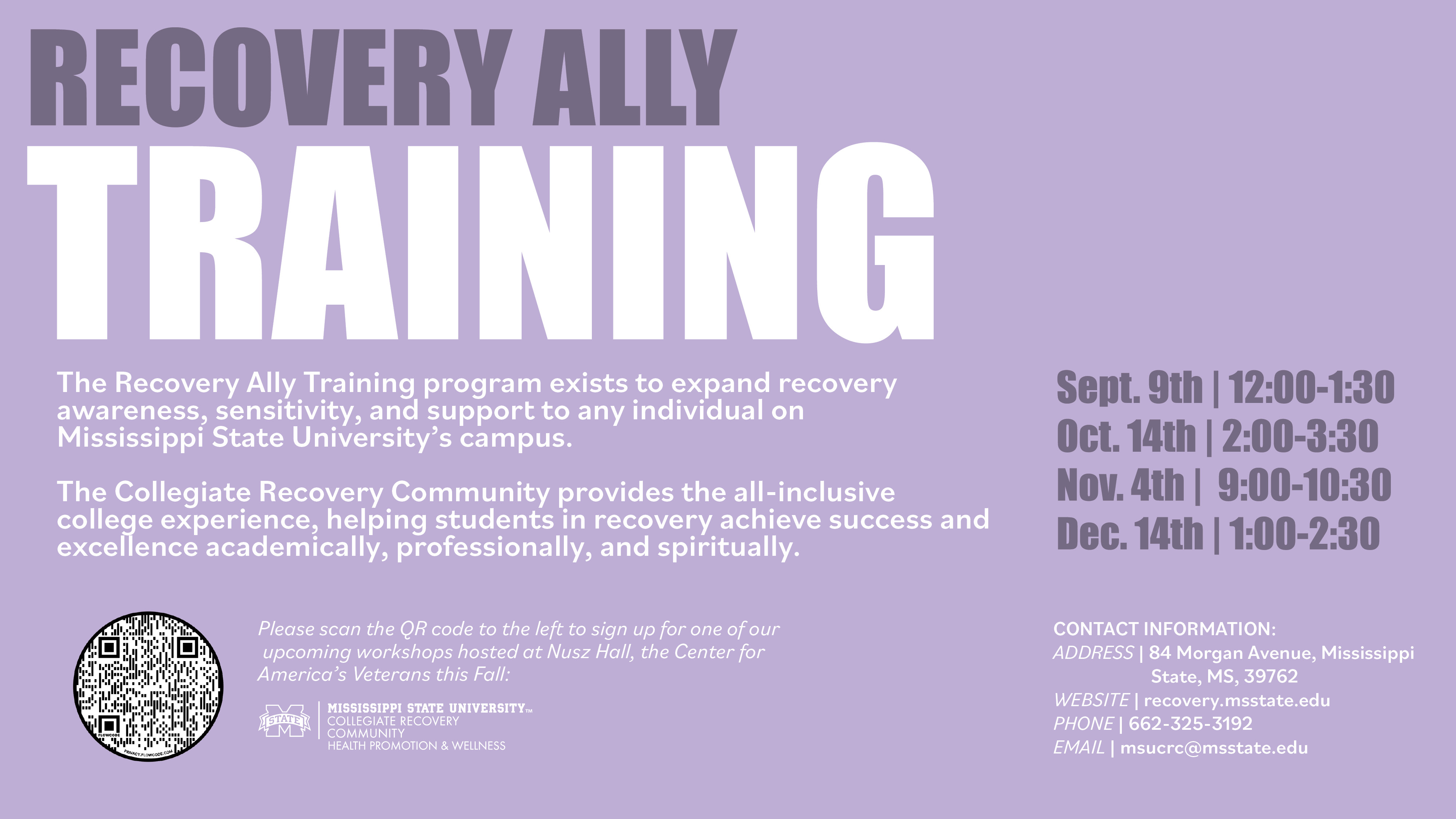 Purple graphic listing dates and other details about the MSU Collegiate Recovery Community's Recovery Ally Training sessions