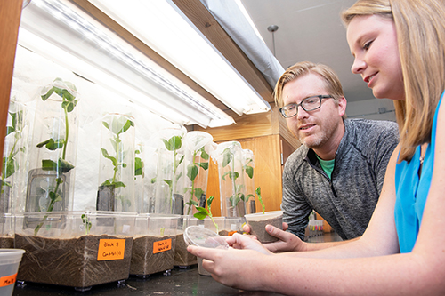 Brandon Barton, an assistant professor in Mississippi State University’s Department of Biological Sciences, discusses MSU graduate student and Russellville, Alabama native Mariah Hodge’s research. The two collaborated, along with other MSU faculty and students, on a study examining the effects of sound on plant and animal ecosystems. (Photo by Beth Wynn)