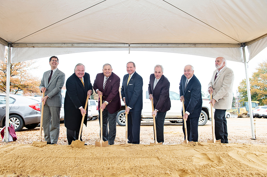 Mississippi State leaders and supporters breaking ground on the Richard A. Rula Engineering and Science Complex include, from left, MSU Bagley College of Engineering Dean Jason Keith; Ergon Asphalt Group President J. Baxter Burns II; President of Hemphill Construction Company and lead project benefactor Richard A. Rula; MSU President Mark E. Keenum; MSU Associate Professor of Electrical and Computer Engineering Randy Follett; JKC Holdings Inc. President and CEO and project benefactor Rodger Johnson; and MSU Civil and Environmental Engineering Department Head Dennis Truax. (Photo by Megan Bean)