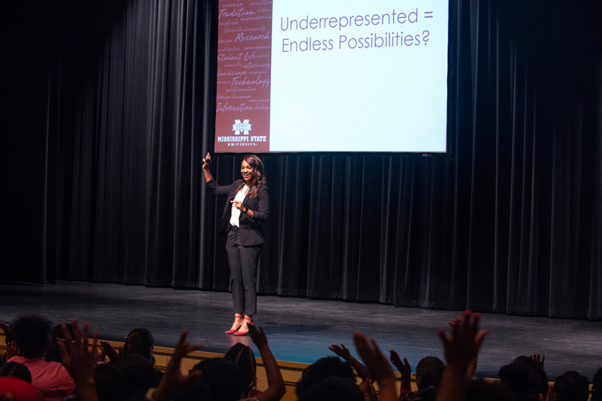 MSU Student Association President Mayah Emerson speaks to high school seniors on Friday [July 13] during the university’s first S.P.A.R.K. (Students Paving a Road to Knowledge) leadership conference. (Photo by Beth Wynn)