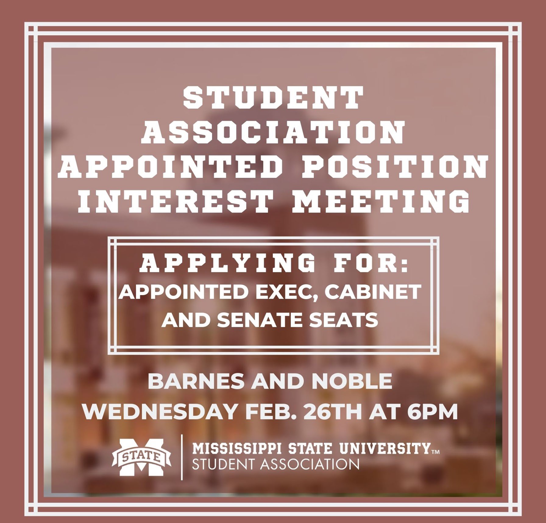 Promotional graphic for Student Association Appointed Position Interest Meeting