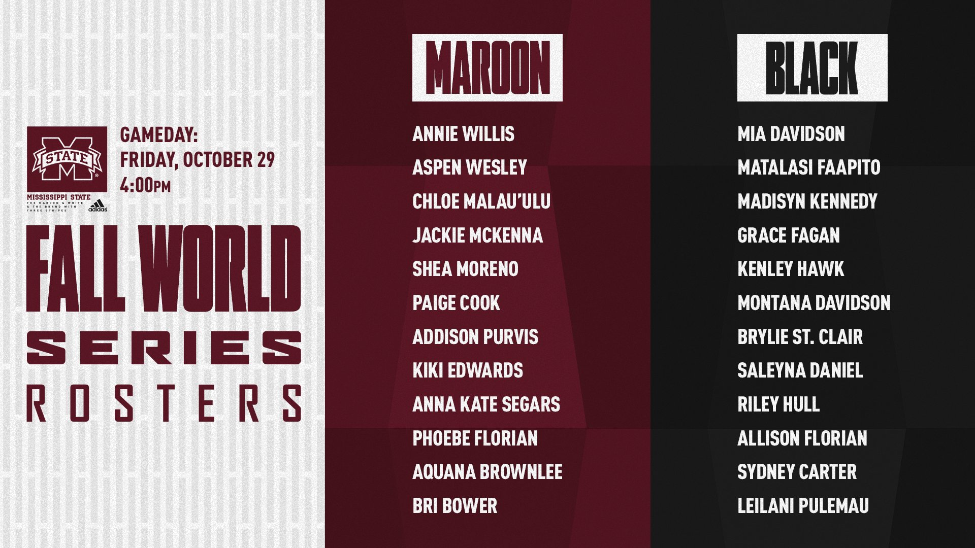 Maroon, white and black graphic with the roster for MSU Softball's Fall World Series