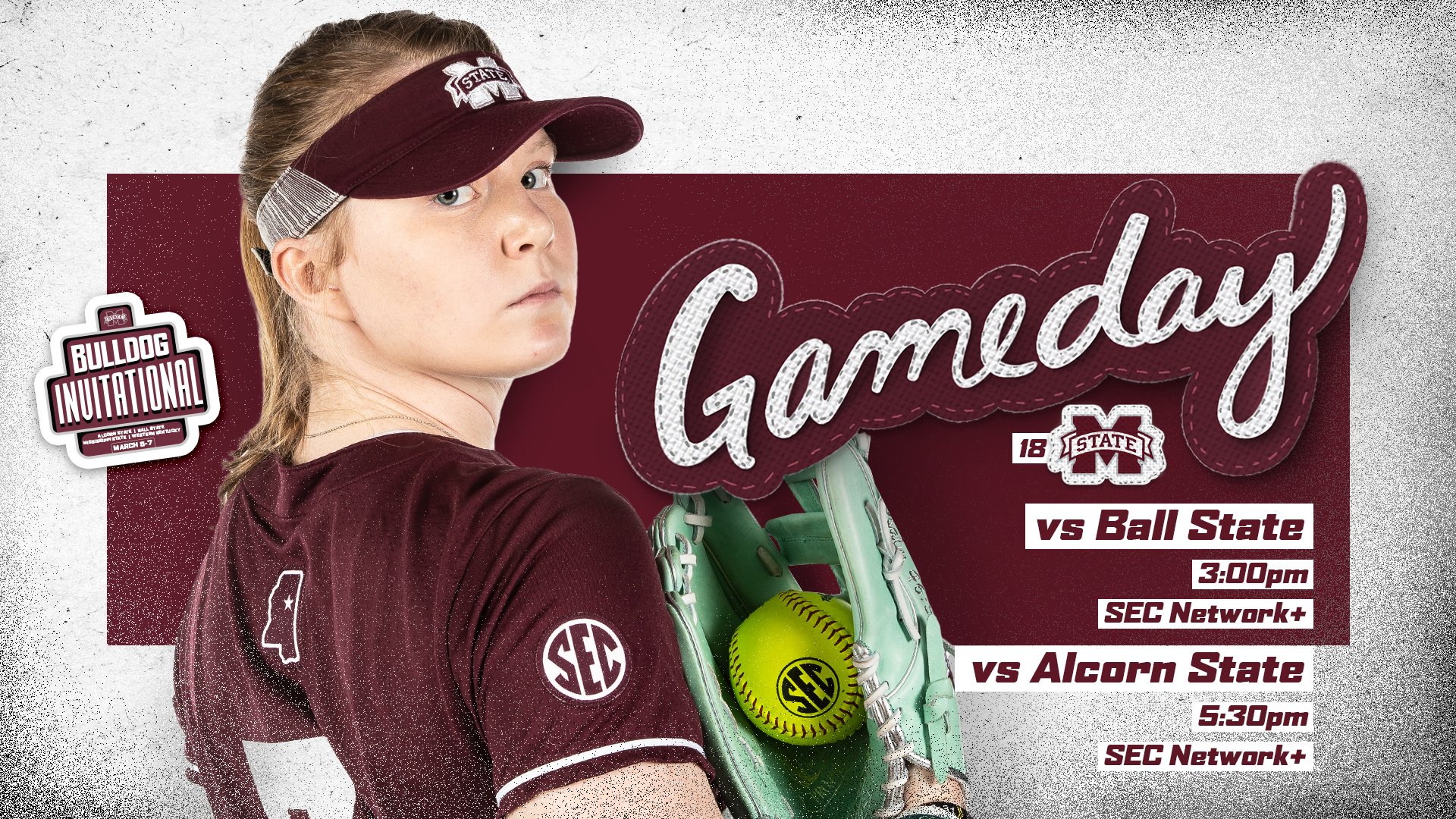 Maroon and white gameday graphic with image of an MSU softball player holding a bright yellow SEC-branded softball in her glove