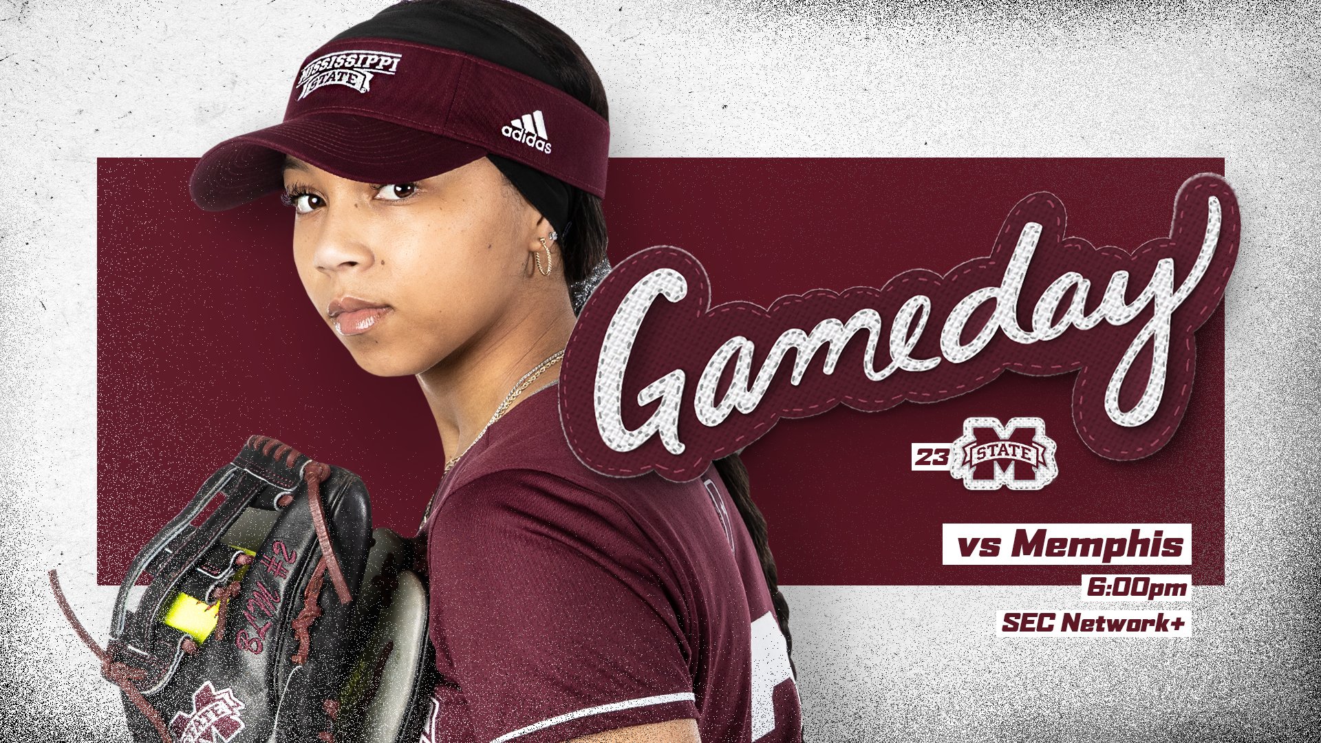 Maroon gameday graphic with image of MSU softball player Kiki Edwards wearing a black glove with an MSU logo