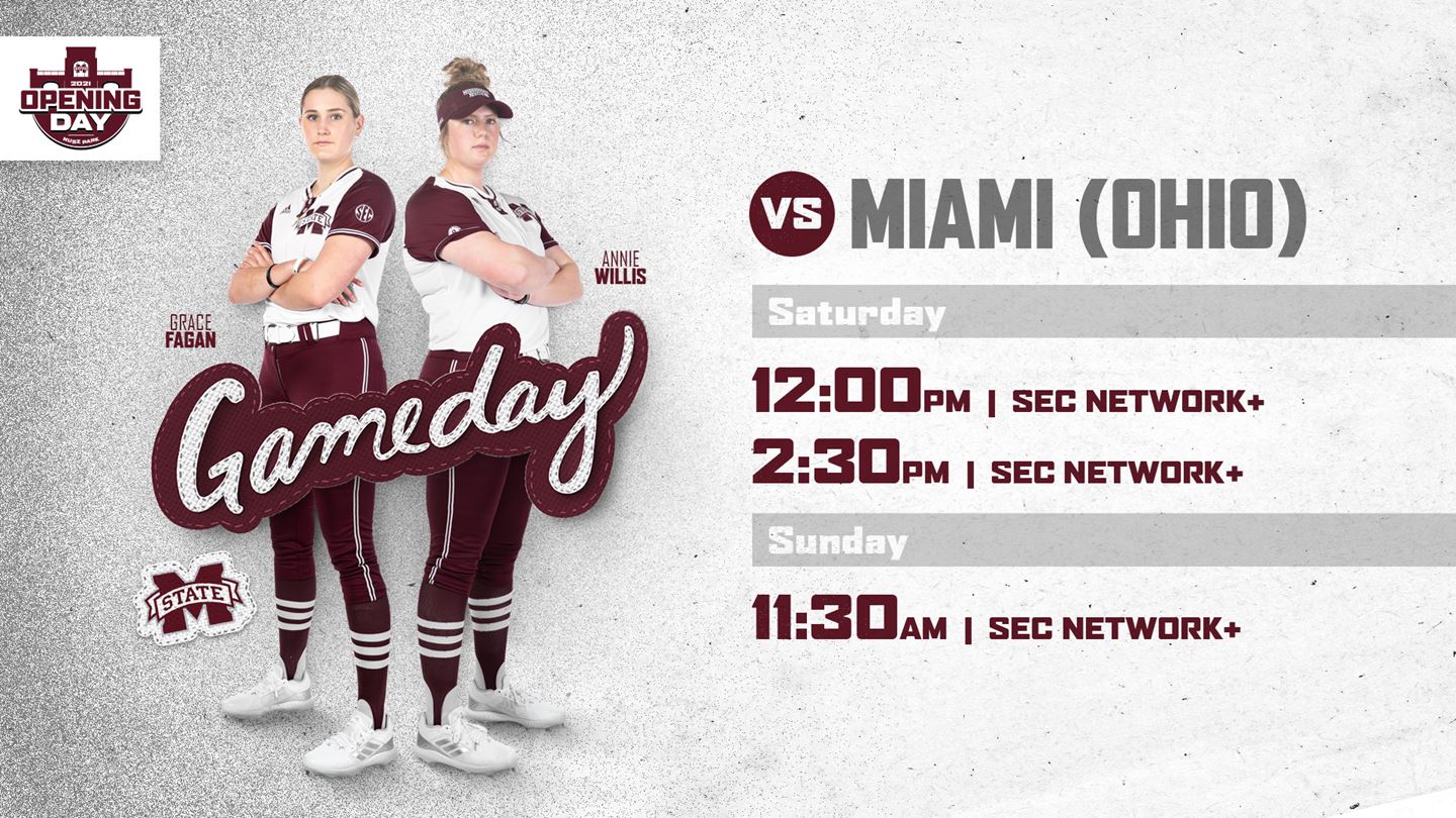 MSU Softball gameday graphic with images of softball players Grace Fagan and Annie Willis