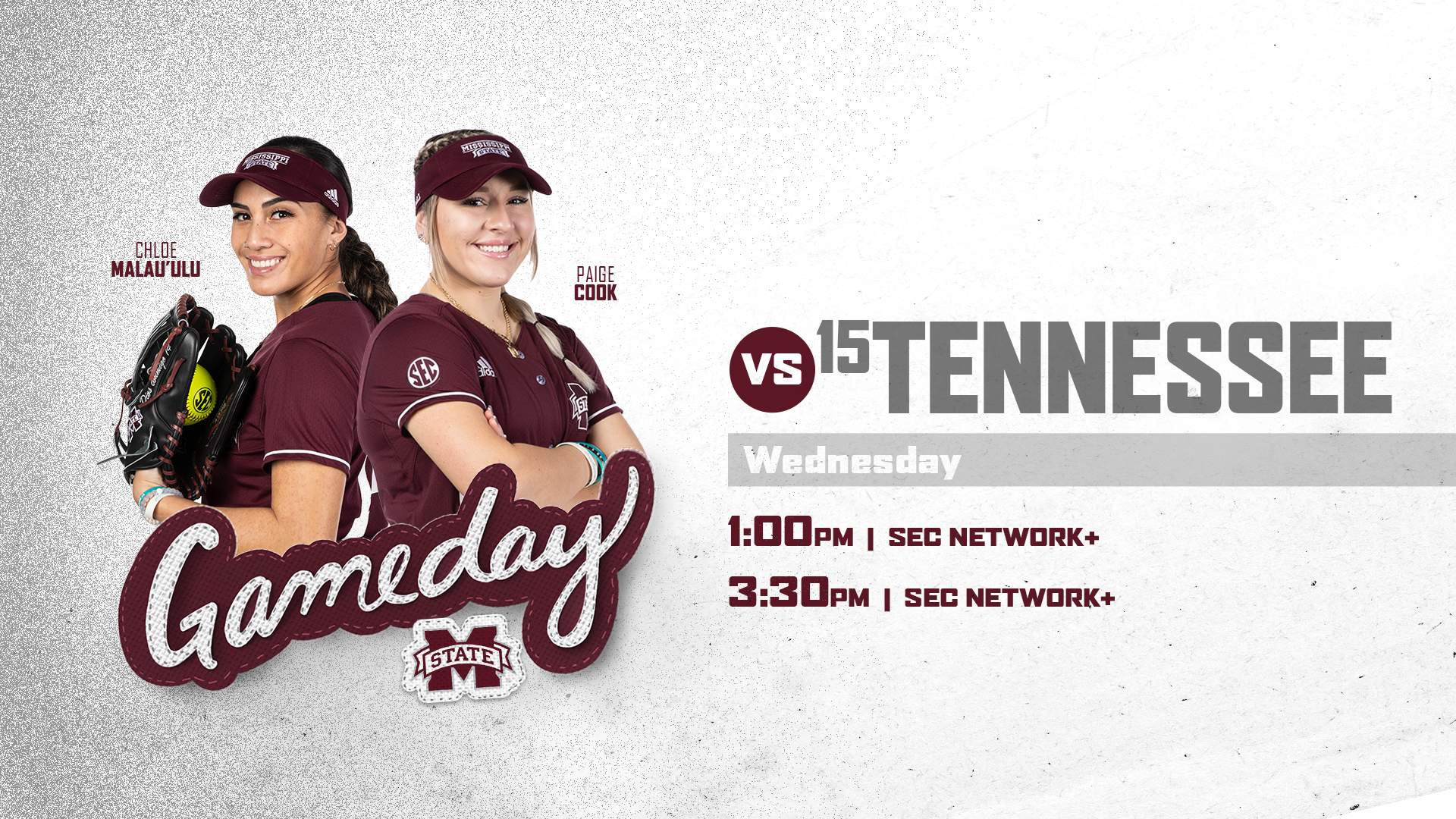 Maroon, white and gray gameday graphic with images of MSU softball players Chloe Malau'ulu and Paige Cook