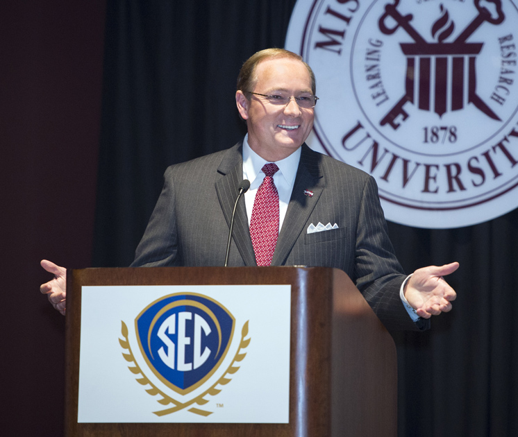 MSU President Mark E. Keenum said integrity, courage, persistence and teamwork are among essential leadership characteristics in remarks he gave to faculty members from throughout the SEC participating in the Academic Leadership Development Program workshop hosted at MSU Feb. 22-24. (Photo by Russ Houston)