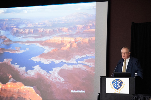 Dennis Dimick, former executive environment editor at National Geographic magazine, took participants on a “visual tour” with his photographs highlighting water challenges in the U.S. and around the world. Dimick is among keynote speakers during the SEC Academic Conference hosted at MSU March 27-28. (Photo by Megan Bean)