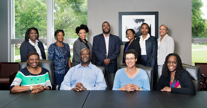 Leaders of African American Studies programs at 11 Southeastern Conference institutions of higher learning convened earlier this month at Mississippi State University for a special workshop. They include (seated, l-r) Violet M. Showers Johnson, Texas A&M University; Stephen Middleton, Mississippi State University; Anastasia Curwood, University of Kentucky; and Stephanie Shonekan, University of Missouri; (standing, l-r) Sharon Austin, University of Florida; Dawn Duke, University of Tennessee; Pearl K. Dowe, University of Arkansas; Charles Ross, University of Mississippi; Hilary Green, University of Alabama; Valerie Babb, University of Georgia; and Valinda Littlefield, University of South Carolina. (Photo by Megan Bean)