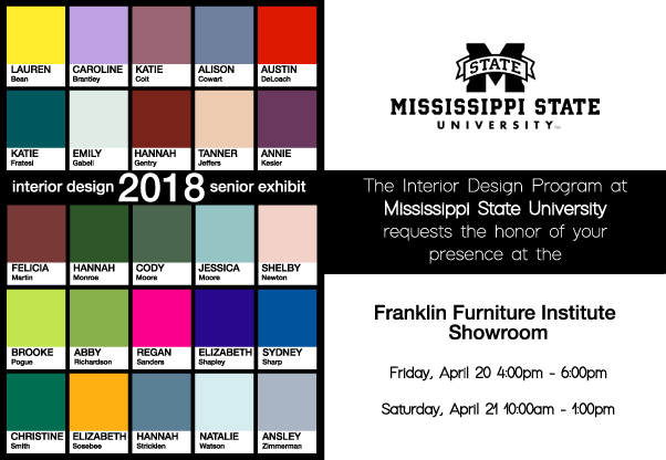 Twenty-five graduating interior design majors at Mississippi State are showcasing their work at the Franklin Furniture Institute’s first-floor showroom during Super Bulldog Weekend. Admission is free, and the exhibition is open for viewing from 4-6 p.m. Friday [April 20] and 10 a.m.-1 p.m. Saturday [April 21]. (Photo submitted)