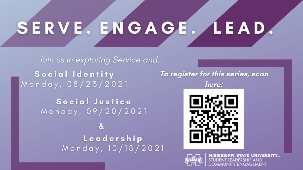 Purple graphic announcing dates for MSU's "Serve, Engage, Lead" discussion series