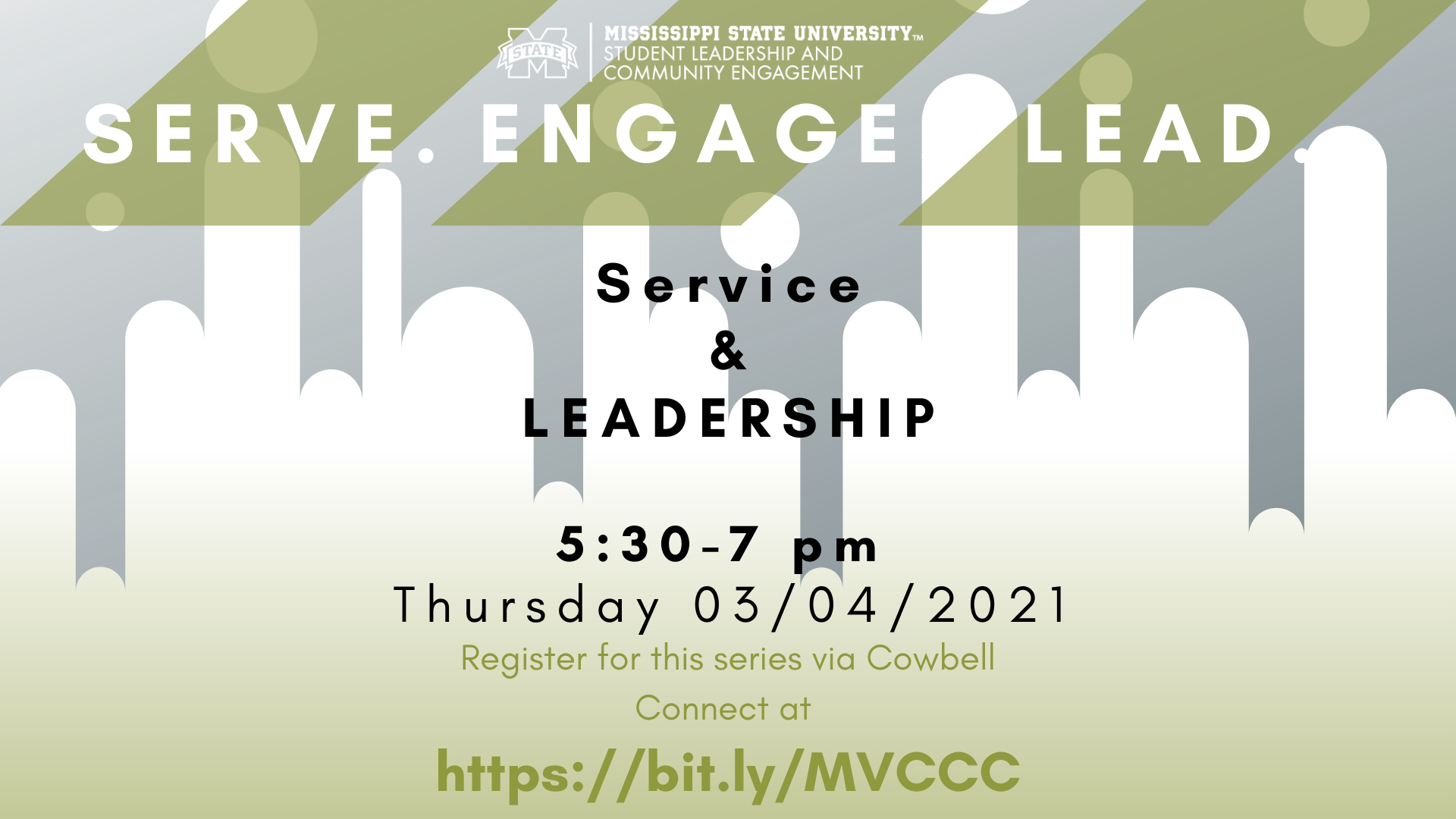 Service and Leadership event graphic with green, white and gray background