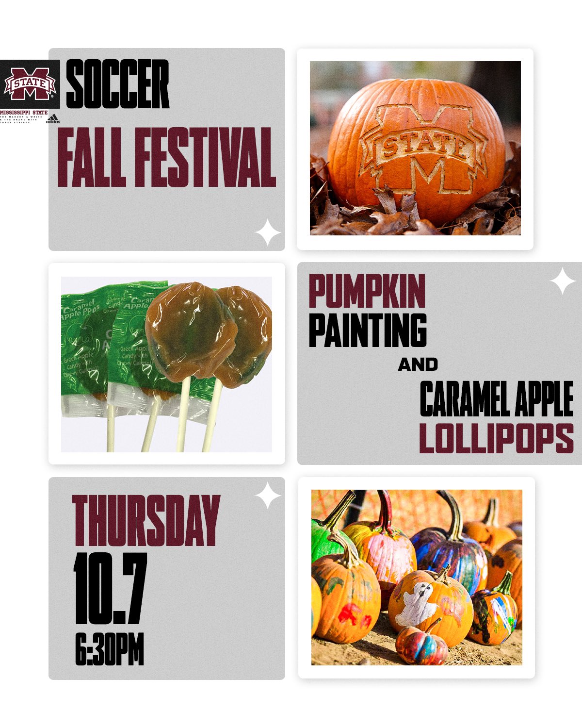 MSU Soccer Fall Festival graphic with images of painted and carved pumpkins and caramel apple lollipops