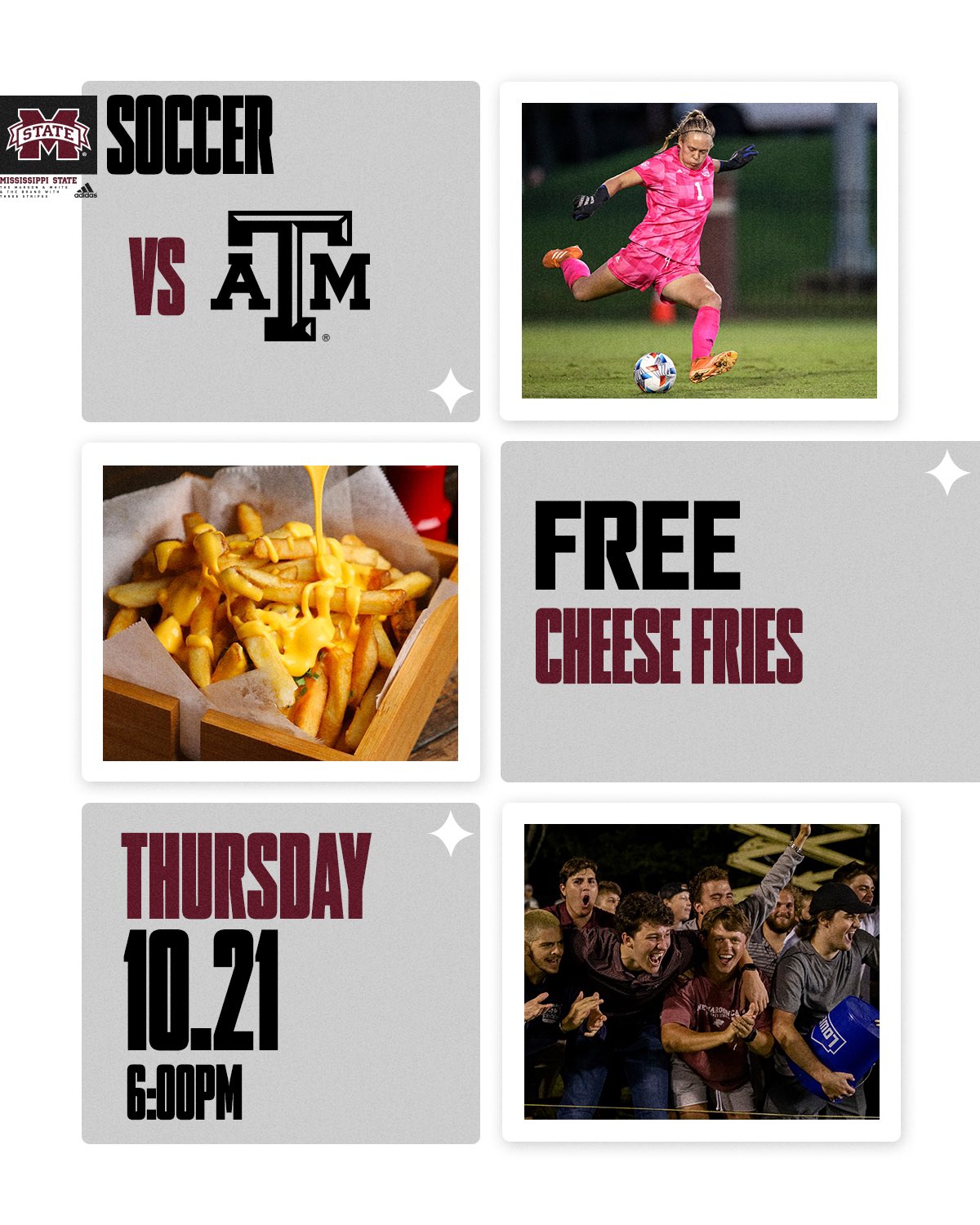 Graphic promoting a cheese fries giveaway at MSU Soccer's Oct. 21 match versus Texas A&M