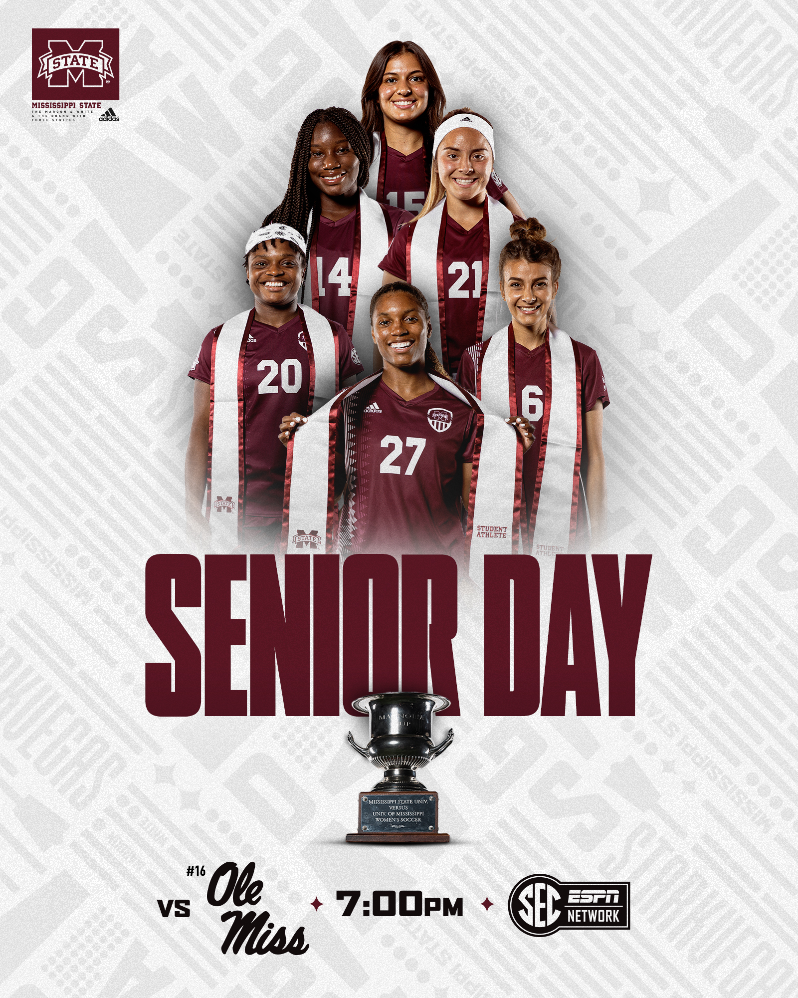Senior Day graphic with images of MSU soccer players pictured above the shiny, silver Magnolia Cup