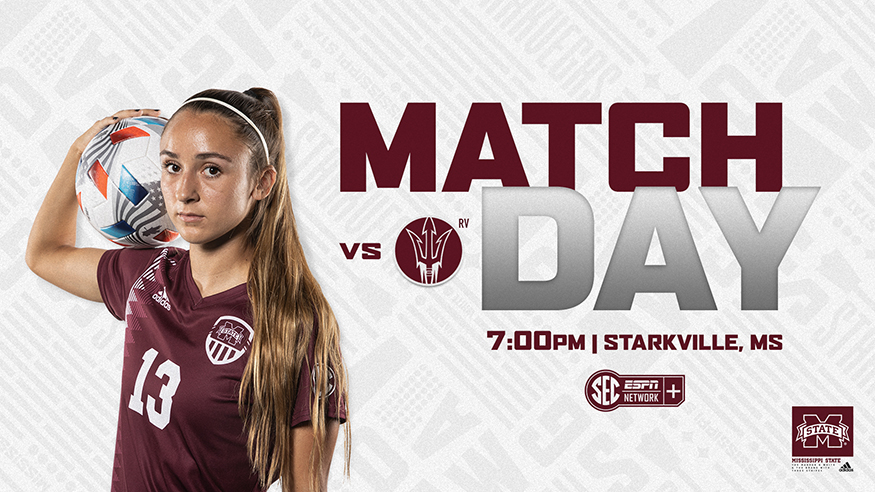 Maroon and white Match Day graphic with an image of MSU soccer player Madison Cotta holding a soccer ball on her shoulder