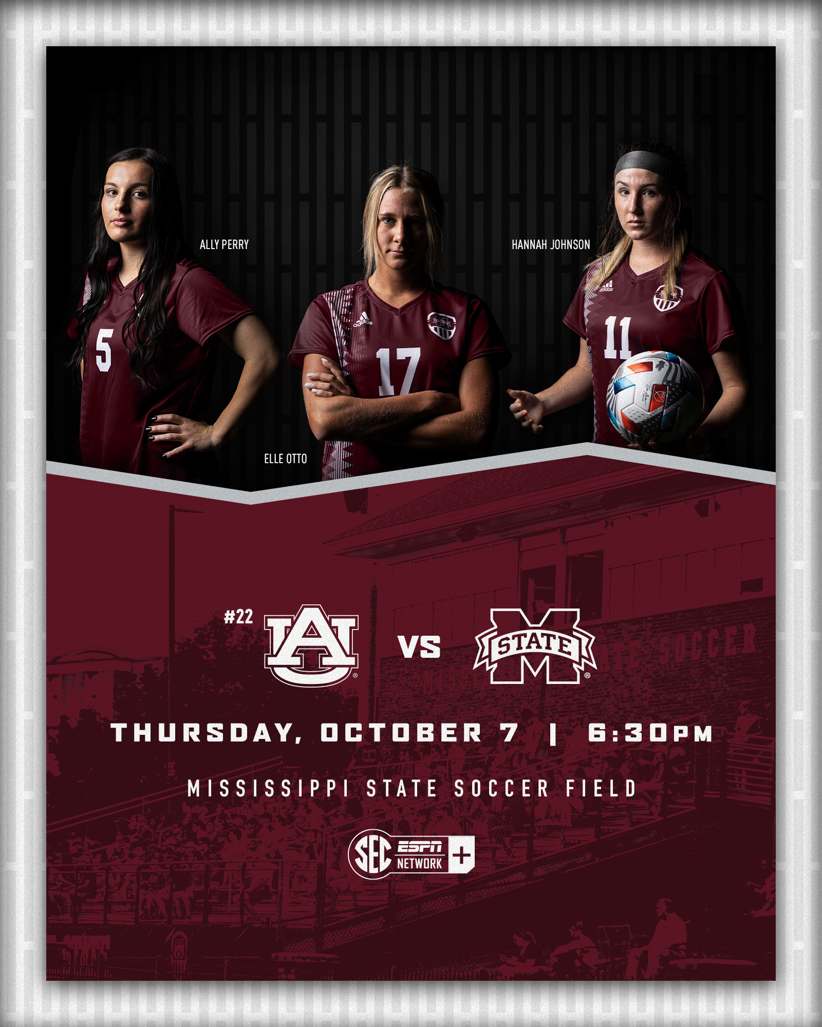 Maroon, white and black match day graphic with images of MSU soccer players Ally Perry, Elle Otto and Hannah Johnson