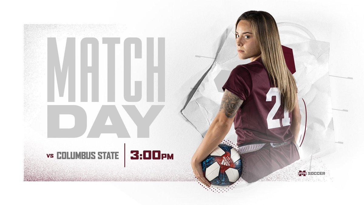 White match day graphic with image of an MSU soccer player holding a red, blue and black Adidas soccer ball