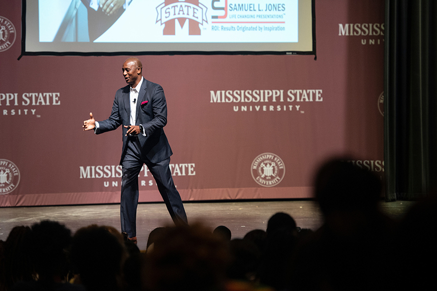 Samuel Jones, a motivational speaker and author, speaks to S.P.A.R.K. leadership conference attendees on Friday [July 12] at Mississippi State’s Bettersworth Auditorium in Lee Hall. (Photo by Logan Kirkland)