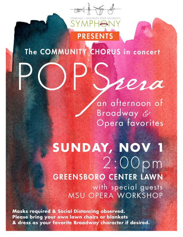 Pink, blue, orange and black paint on a graphic promoting the Starkville-MSU Symphony Association's POPSpera concert