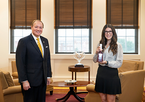 MSU President Mark E. Keenum, left, and Reagan Scott meet in the President's Office