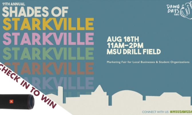 Blue graphic with the word "Starkville" repeated in yellow, pink, green, red, brown and purple versions