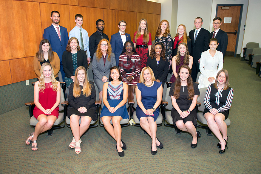 Mississippi State University’s fall 2017 Society of Scholars class includes: Front row, left to right: Katie Jones of Corinth; Erin O’Quinn of Baton Rouge, Louisiana; Meghan Brino of Munford, Tennessee; Sarah Wooden of Biloxi; Caroline MacDonald of Murfreesboro, Tennessee and Kennedy Moehrs of Waterloo, Illinois. Second row, from left to right: Megan Pirkle of Belden; Alexandra Wedderstrand of Ridgeland; Autmn Sizemore of Sulligent, Alabama; Terranecia “Bria” Henderson of Madison; Alivia Roberts of Shannon; Lindsey Winborne of Brookhaven and Lily Brooks of Huntsville, Alabama. Third row, from left to right: John Cole Gwin of Piperton, Tennessee; Kyle Winston of Shalimar, Florida; Wesley Dillard of Madison; David Sides of Birmingham, Alabama; Laura Herring of Panama City Beach, Florida; Alexandra Mazzola of Starkville; Kelley Mazzola of Starkville; Ruschewski Ragland of Yazoo City and Jeremy Burt of Starkville. (Photo by Russ Houston)