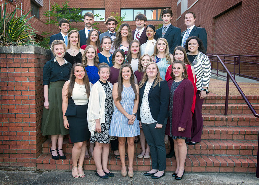 Mississippi State University’s spring 2018 Society of Scholars class includes: Front row, from left: Jessica Lynn Milner; Lily A. Hebert; Kali M. Hicks; Jordyn N. Polito; Katherine E. Grafe. Second row, from left: Olivia C. Williams; Madison M. Smith; Rebekah Joy Bisson; Megan E. DeLisle; Caroline Danielle Coussens. Third row, from left: Madison Anne Rice; Kathleen M. Riley; Anne Larrah Johnson; Keirston M. Murphy; Ashley H. Luke. Fourth row, from left: Anna Catherine Fryar; Gentry Isabella Burkes; Anagha Gopakumar. Fifth row, from left: Benjamin Derek Pace; Ryan A. Shoemake; Steven M. Weirich; Samuel Douglas Ozier; R. Sumner Fortenberry; and Michael J. Sieja. (Photo by Megan Bean)